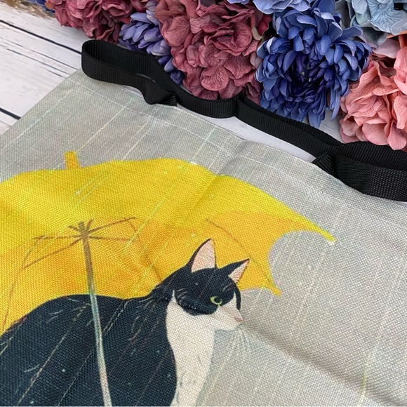 Eco-Friendly Black Cat with Yellow Umbrella Folding Tote Bag - Picture 5 of 12